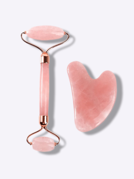 Массажный набор роллер + скребок гуаша из розового кварца