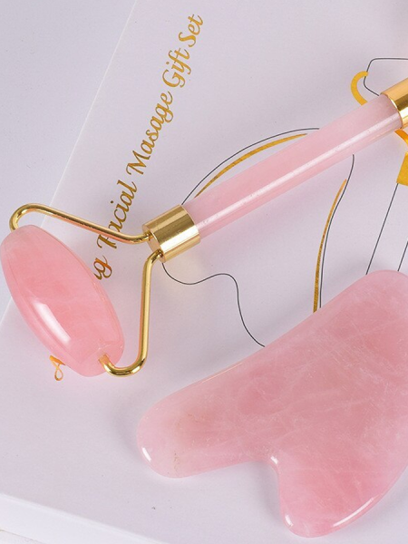 Массажный набор роллер + скребок гуаша из розового кварца